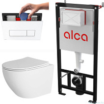 Комплект инсталляции ALCAPLAST (ALCADRAIN) с безободковым унитазом DELIO и кнопкой M57x (дозатор для кубиков)