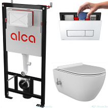Комплект инсталляции ALCAPLAST (ALCADRAIN) с безободковым унитазом CeraStyle City с функцией биде и кнопкой M571 (дозатор для кубиков)